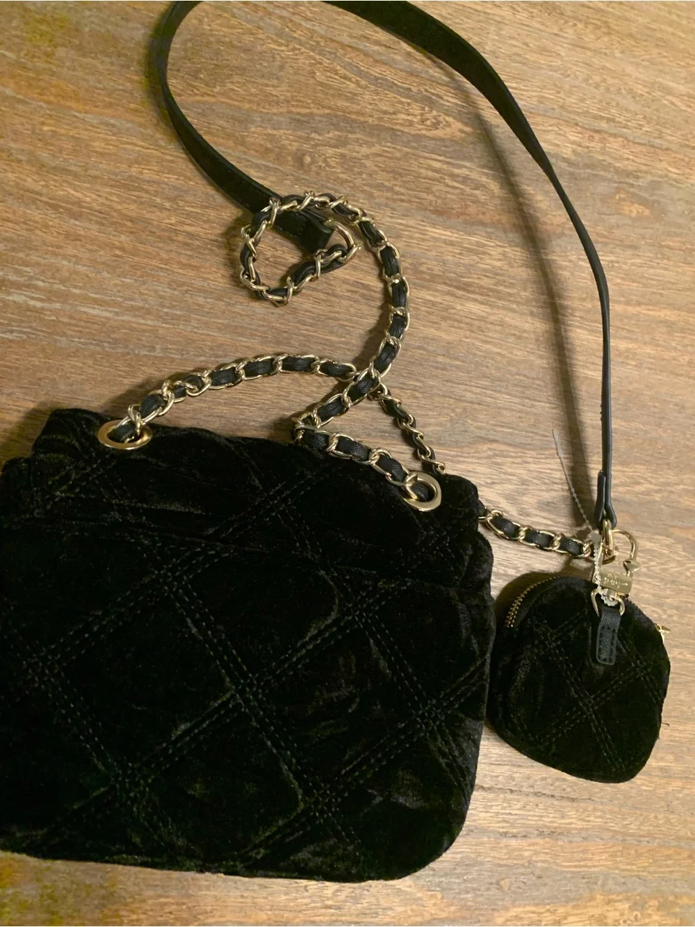 Betsey Johnson Black Quilted Velvet Crossbody with Coin Pouch and Gold Chain